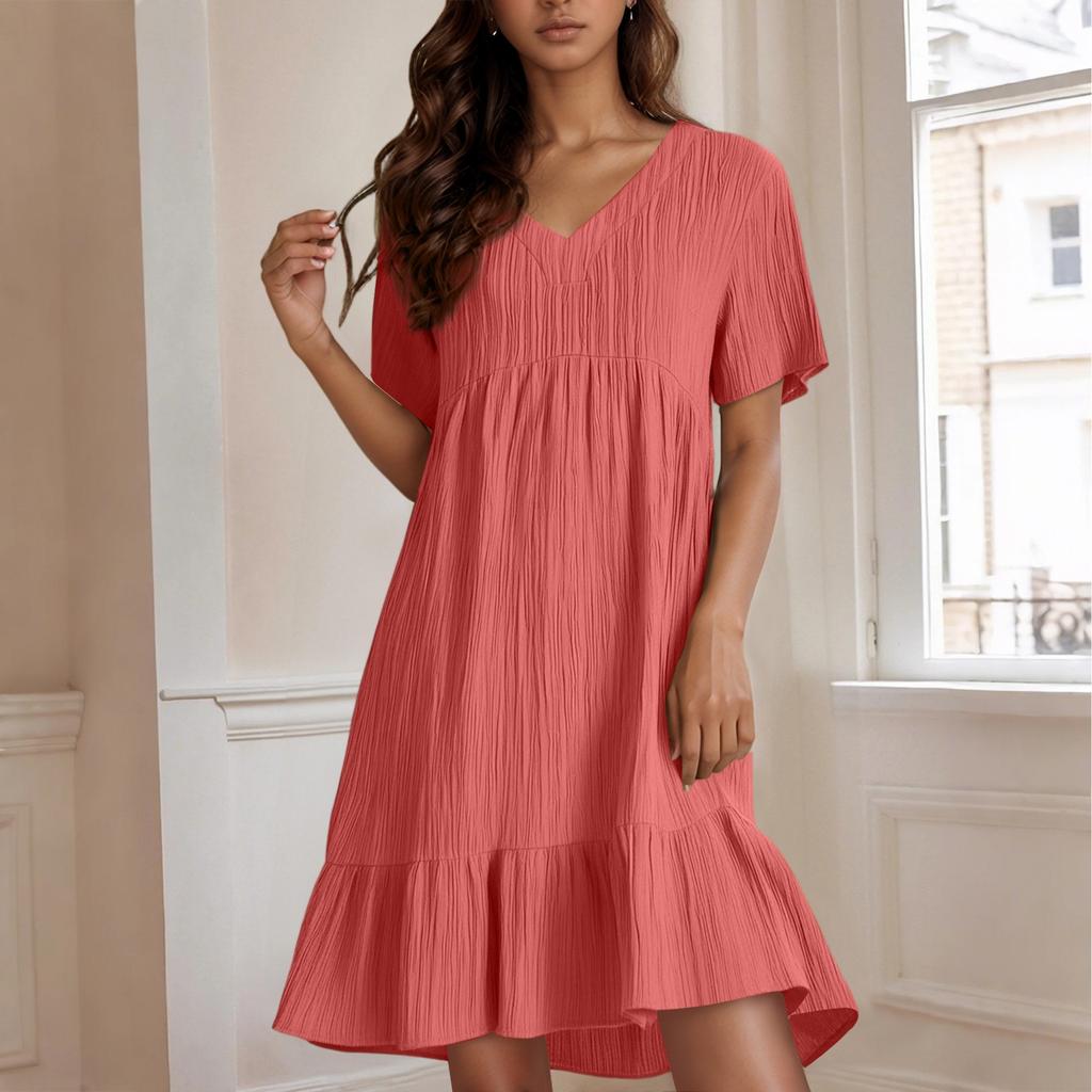 Ladies' Casual And Fashionable Solid Color Dress, Loose Short Sleeved Waist Cinched Dress
