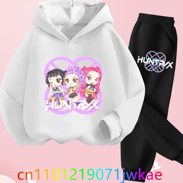 Teen KPop Demon Hunters Hoodies+Pants Sets Boys Girls Korean Anime Movie Hoody Fashion Long Sleeve Kids Hooded Sports Suits