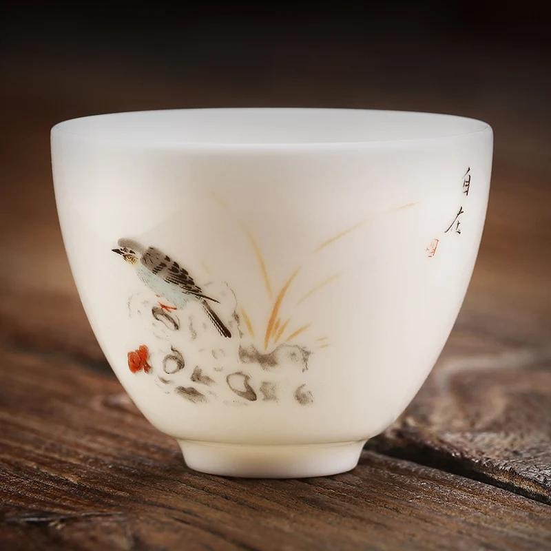 Boutique Suet Jade Ceramic Teacup Personal Meditation Cup Hand Painted Flowers Tea Bowl Pu'er Master Cup Tea Set Accessories