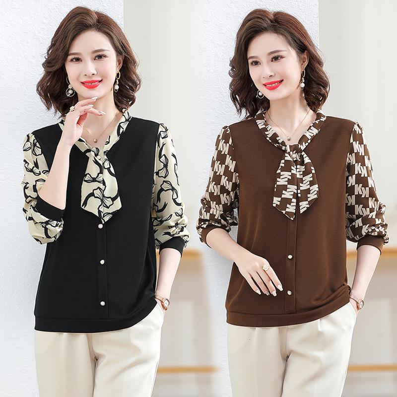 Stylish Printed Bow Tie Chiffon Top for Middle-Aged and Elderly Women – Loose Fit, Long-Sleeved, Plus Size