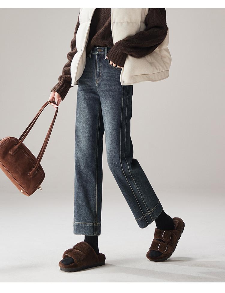 Woolen thickened high waisted jeans for women in winter 2025, fashionable and versatile, slimming straight leg pants