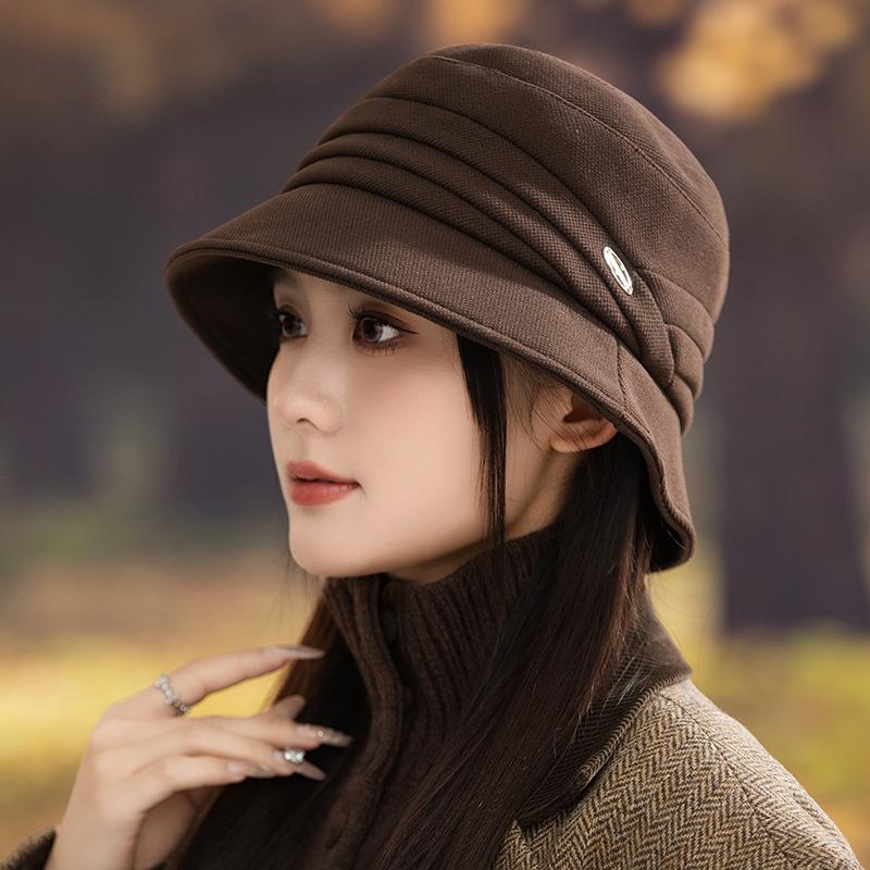 Japanese Style Retro Versatile Pleated Fisherman Hat Autumn and Winter Hat Women's Warm Bucket Hat Outdoor Windproof Basin Hat