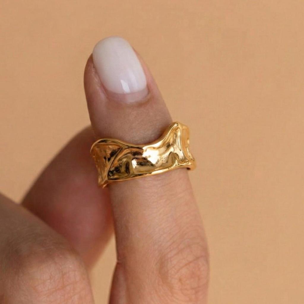 18K Gold-Plated Irregular Embossed Open Ring - Stainless Steel, Fade-Resistant