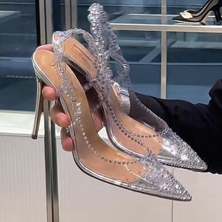 Transparent Crystal Bag Head Sandals Women's Thin Heels Summer 2025 New Rhinestone Pointed Head Shallow Mouth High Heels Empty Shoes