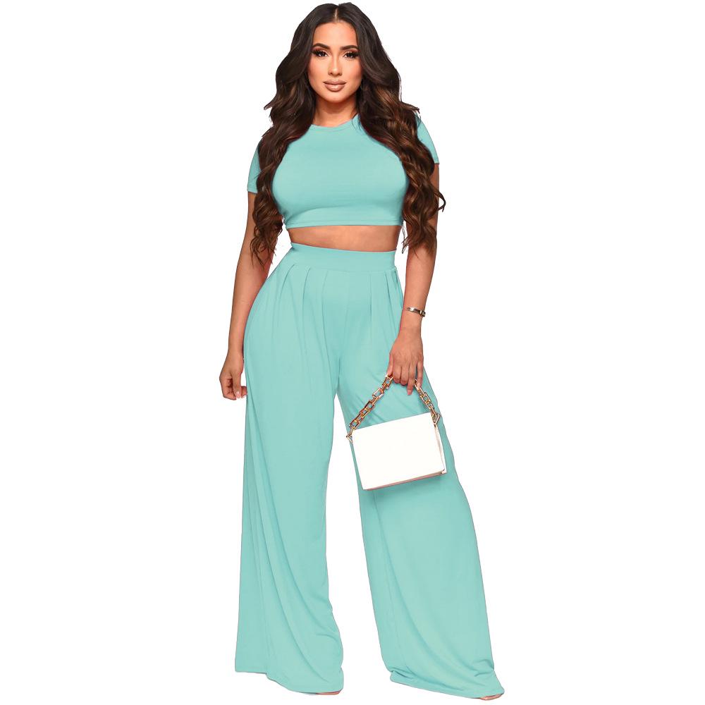 Crop Top & High Waist Loose Straight Leg Pants Set – Solid Color