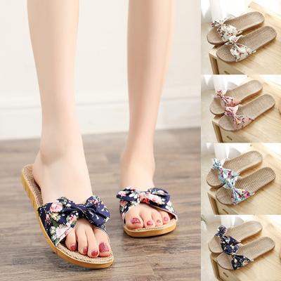 Frauen Weibliche Bowknot Flachs Leinen Flip-Flops Strand Schuhe Sandalen Slipper