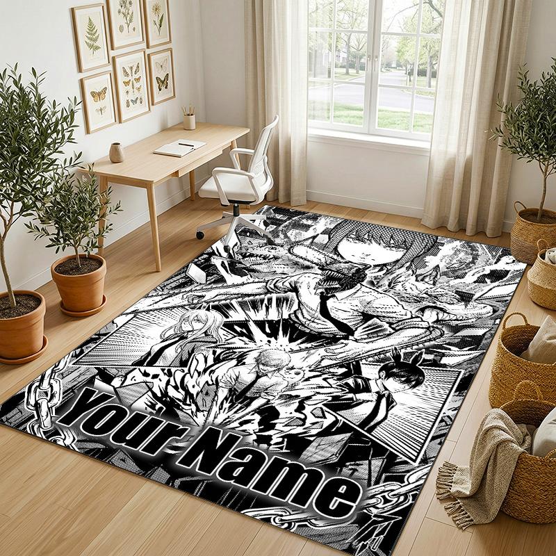 Personalized Crystal Velvet Carpet,Chainsaw Man Custom Printed Name, Plush Area Rug For Home Indoor Decor