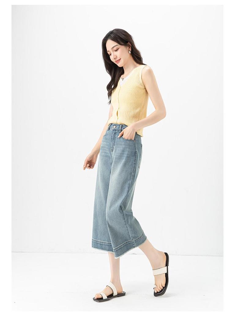 Xin Ge Tencel Linen Fringe High-Waist Slimming Wide-Leg Petite Women's Summer Pants
