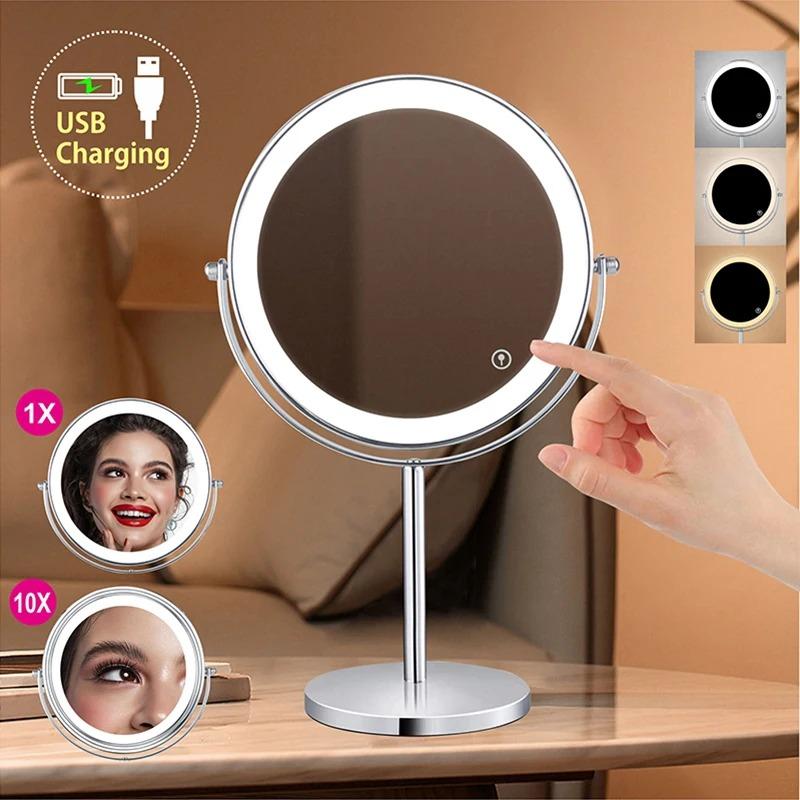8inch 10x Magnifying Led Makeup Mirror With 3 Color Light Touch Switch Double Side Usb Charging Desktop Vanity Cosmetic Mirror
