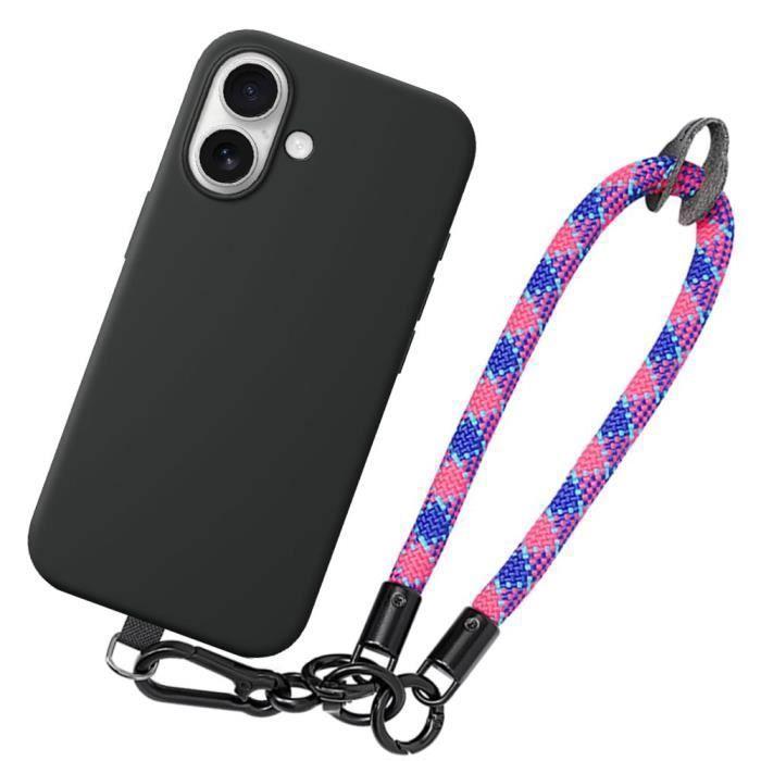 Protective Case - BOOLING - iPhone 16 - Black Silicone - Removable Tricolor Wrist Strap - Shockproof