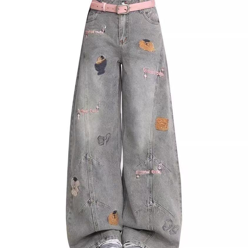 Women's Embroidered Washed Denim Jeans Loose Slim Wide Leg Pants High Waist Zipper Closure Non-Stretch Fabric