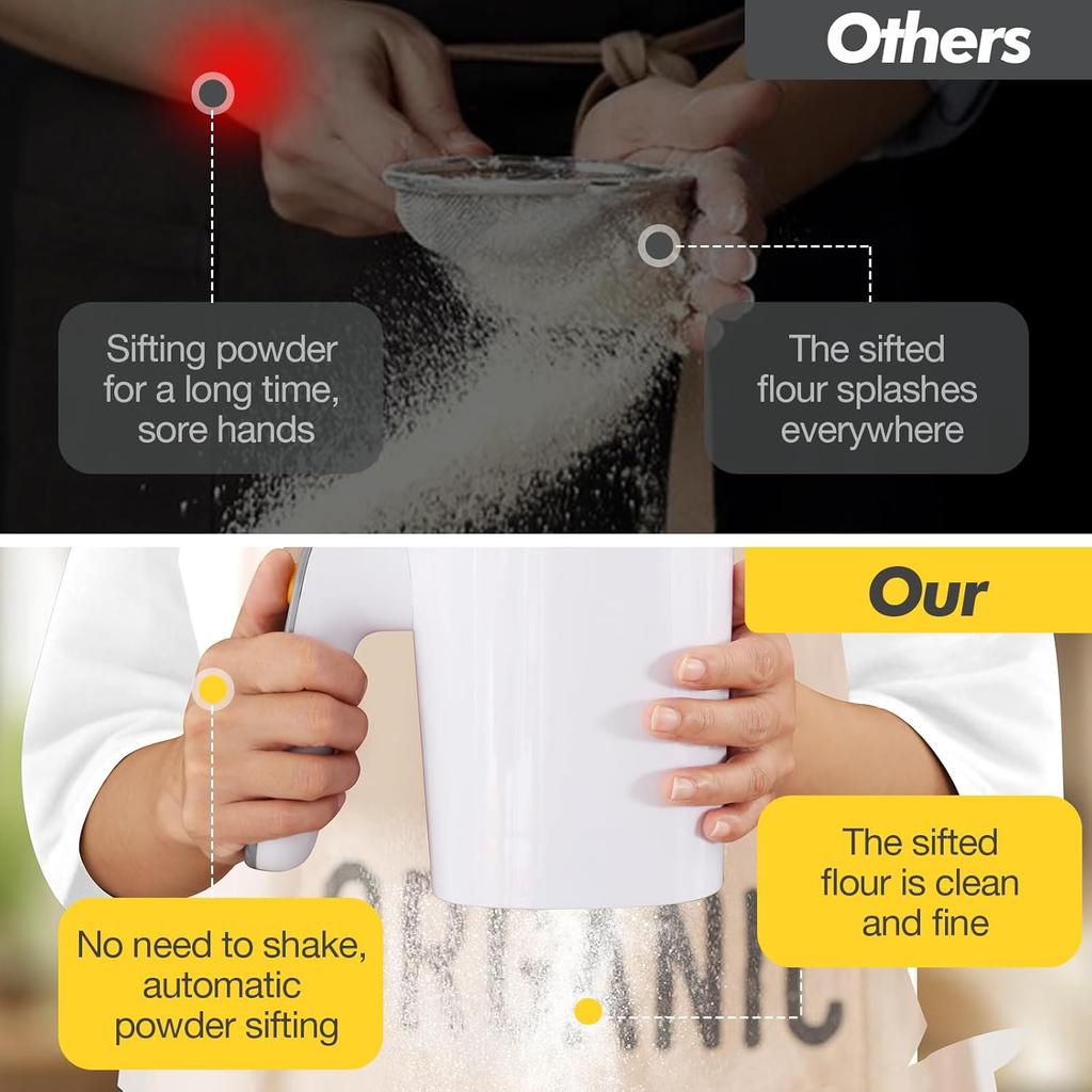 Electric Flour Sifter, Battery Operated Flour Sifter for Baking with Dough Scraper, Ergonomical Handle Flour Sieve for Cooking, Pastry Baking, Easy