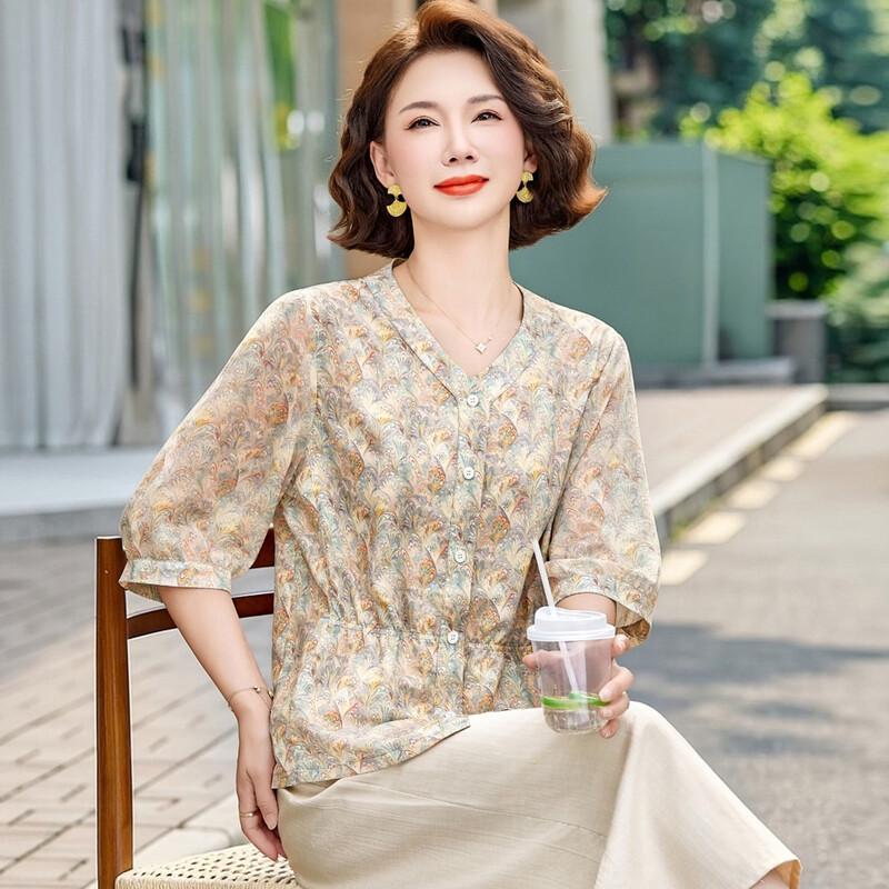 Mid-Aged Women s Summer V-Neck Printed Blouse XXL