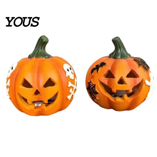 Festive Holiday Home Ornaments Spooky Lighted Pumpkin Figurine, Halloween Engraved Light-Up Resin Decorations Statue for Tabletop Indoor Outdoor