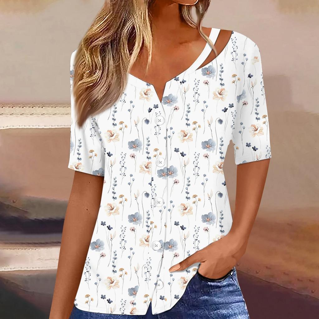 Damen T-Shirt mit Aufdruck, kurzärmelig, V-Ausschnitt, Knopfleiste, Strickjacke, T-Shirt, Top