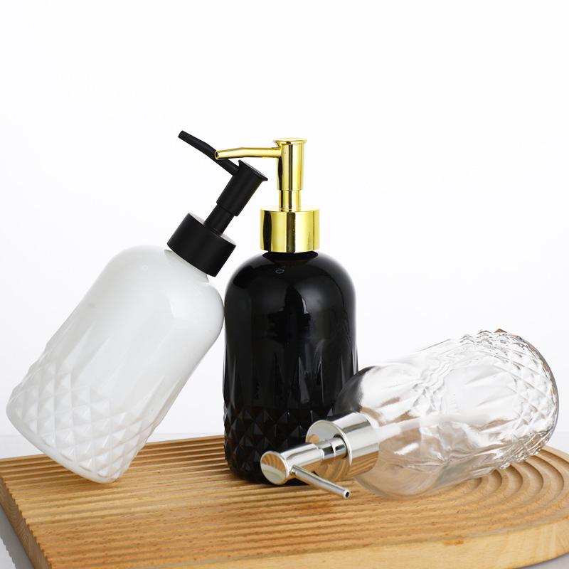 Transparente Glasflasche zum Drücken für Shampoo, Duschgel und Handdesinfektionsmittel - Wiederbefüllbar, Hotelqualität