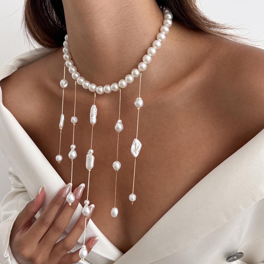 Salircon Sexy 3Styles Imitation Pearl Tassel Open Torques Choker Necklace Women Trendy CCB Bead Clavicle Neck Party Jewelry