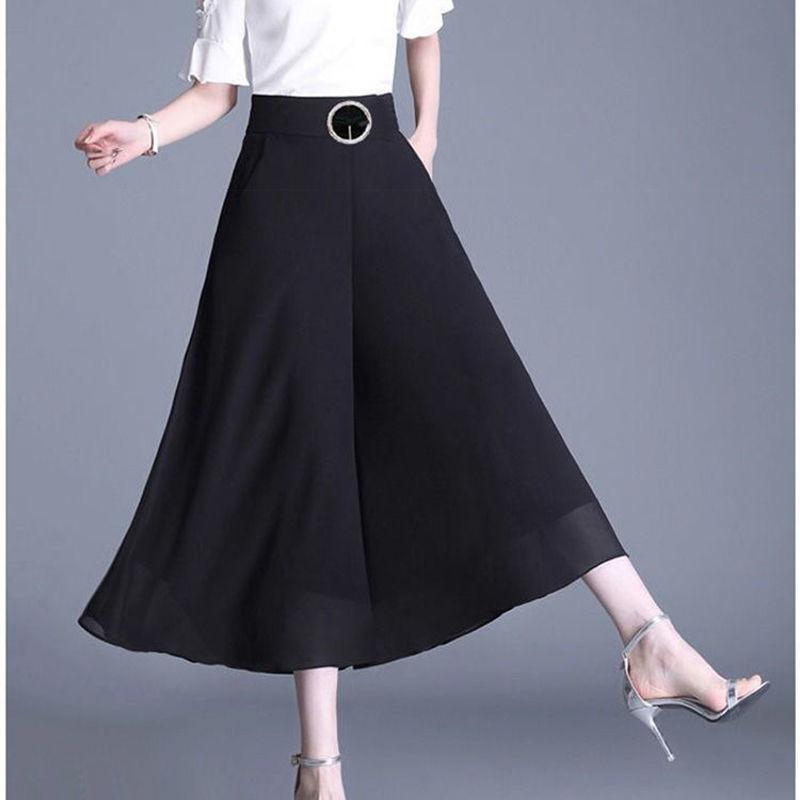 Black Skirt Women's Summer Dress Mid-length Culottes Pleated High Waist Eight-point Wide-leg Pants Skirt