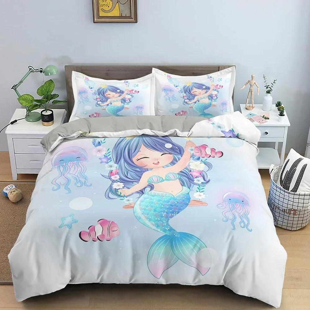Mermaid Bedding Set For Girls Cute Cartoon Duvet Cover Comforter Covers Children Bedroom Double Queen Size Home Textile 2/3 PCS