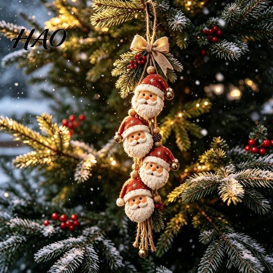 Wooden Christmas Tree Ornaments Santa Claus Hanging Ornament, 2D Flat Pattern Sign with Jute Festive Holiday Rope And Bell, Vintage Door Hanger