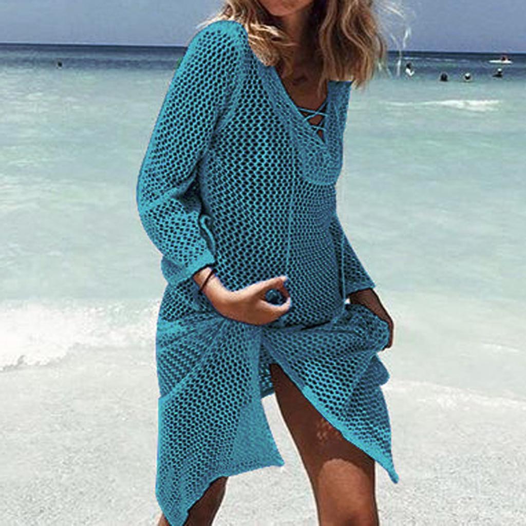 Women's Sleeve Coverups Bikini Hollow Cover Up Lace-up Net Beach Swimsuit Dress