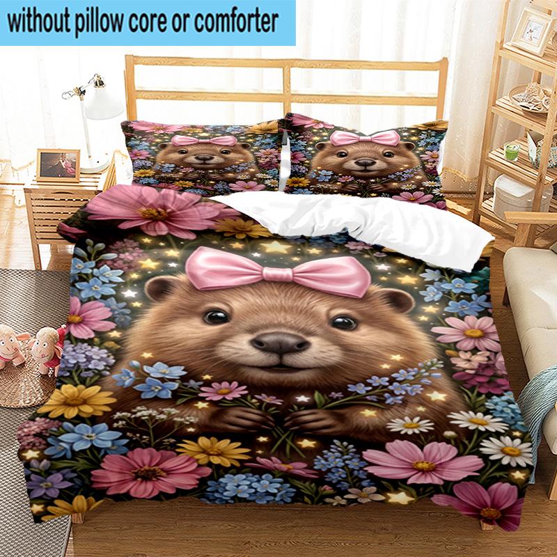 Starry Groundhog Illustration 3pcs Bedding,Including 1pc Duvet Cover And 2pcs Pillowcases Perfect for Christmas,Ideal for Bedroom, Dormitory