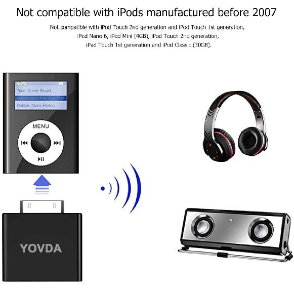 Bluetooth Transmitter for iPod, 30 Pin Bluetooth Adapter for Old iPod Classic, Plug and Play Bluetooth Adapter Compatible with iPod Classic