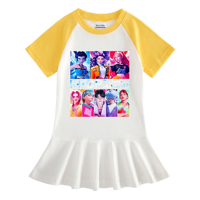 Girls Kpop Rumi Mira Zoey Hunters Print Raglan Sleeves Ruffle Dress
