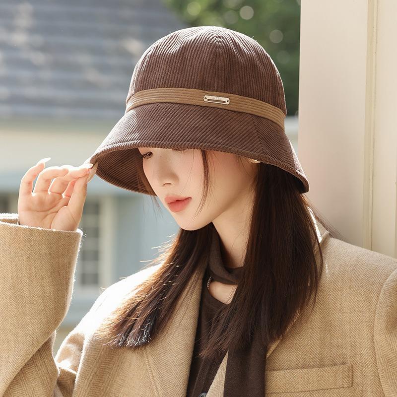 Autumn hat women's large brim showing face bucket hat high-end corduroy bucket hat versatile basin hat