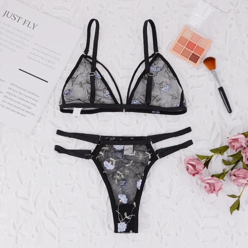 Women's Bra Set Women Three-point Transparent Sexy Lingerie Floral Embroidery Underwear Women Set Lace Spicy Underwear Kits