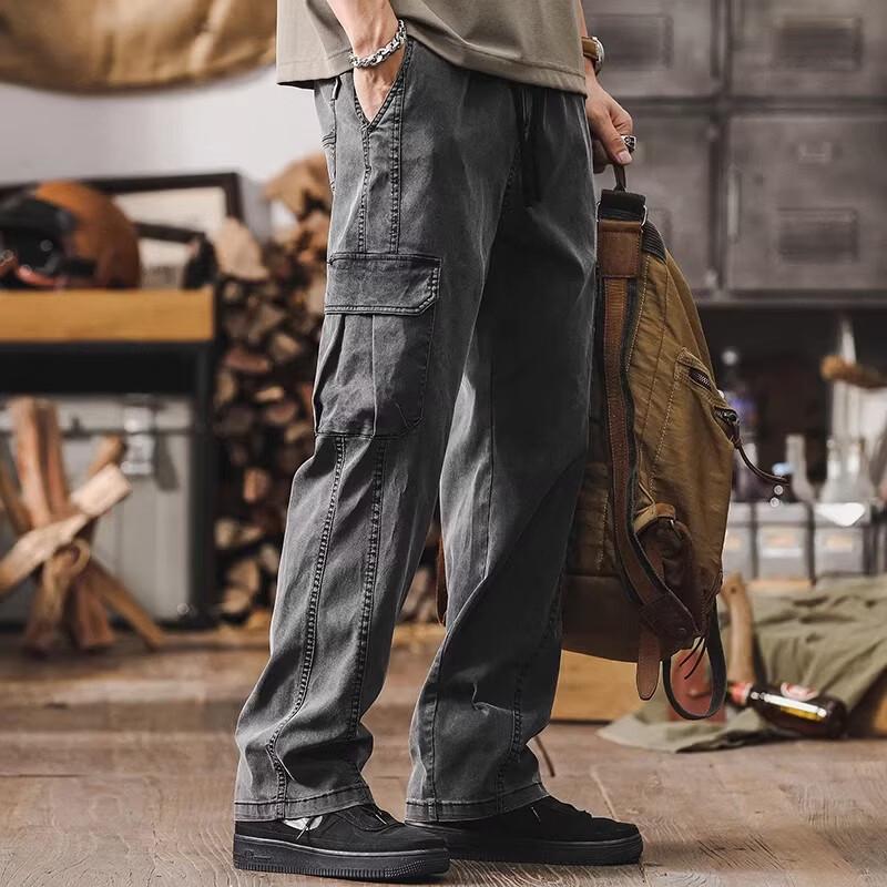 Men s Lyocell Tencel Retro Washed Loose Straight Cargo Pants L