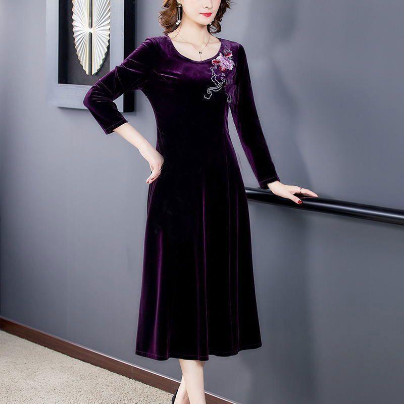 Women's Plus Size Dress Autumn Winter Embroidered Round Neck Mid-Length Gold Velvet Dress Slim Fit A-Line Dress