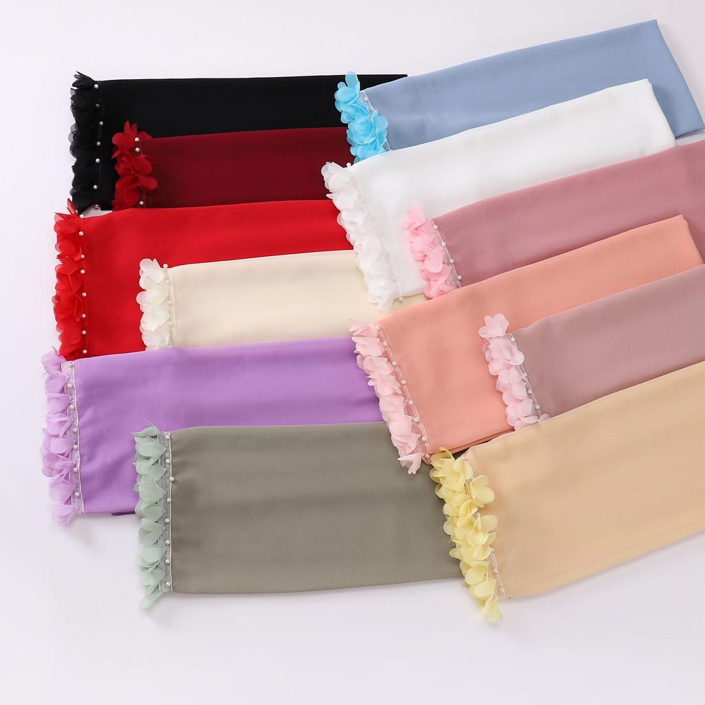 Fashion Bubble Pearl Chiffon Scarf Flower Beads Hijab Muslim Women Headscarf Turban Shawl Wrap Islam Veil Stoles Scarves Bufanda