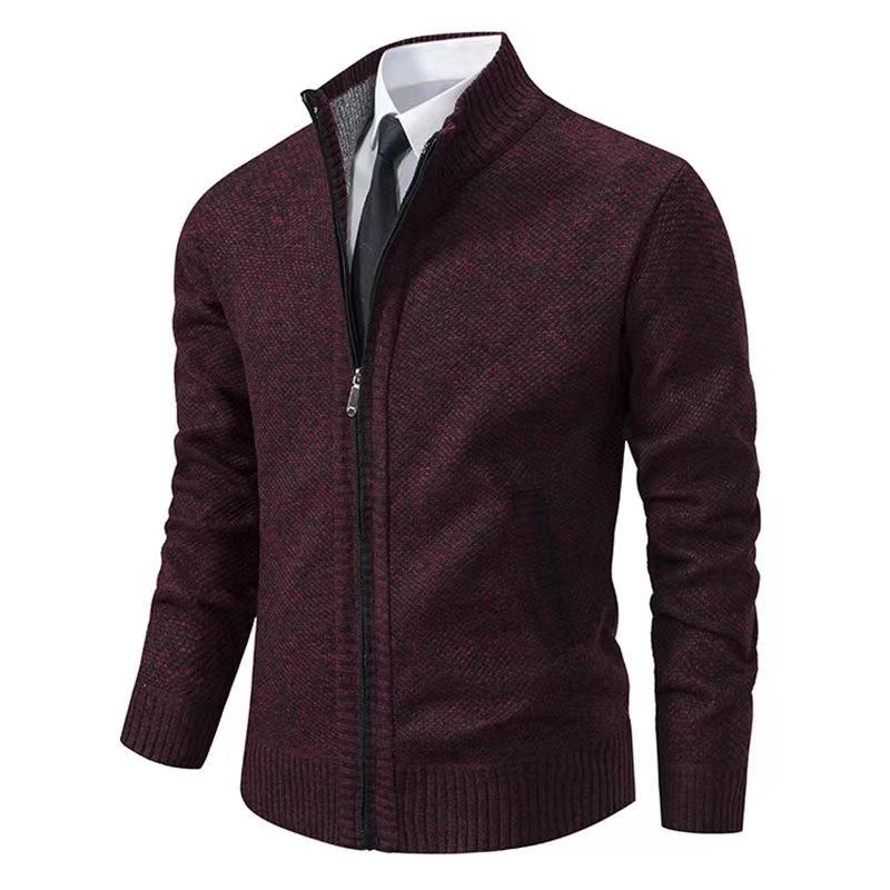 Men's Fleece-Lined Cardigan: Thick Knit Zipper Sweater with Stand-Up Collar for Autumn/Winter 2023