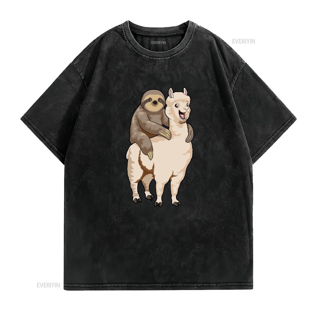 Sloth Riding Llama Funny Lazy Animal Pun T Shirt Sizes S 5XL vintage Washed Breathable Casual streetwear graphic fashion