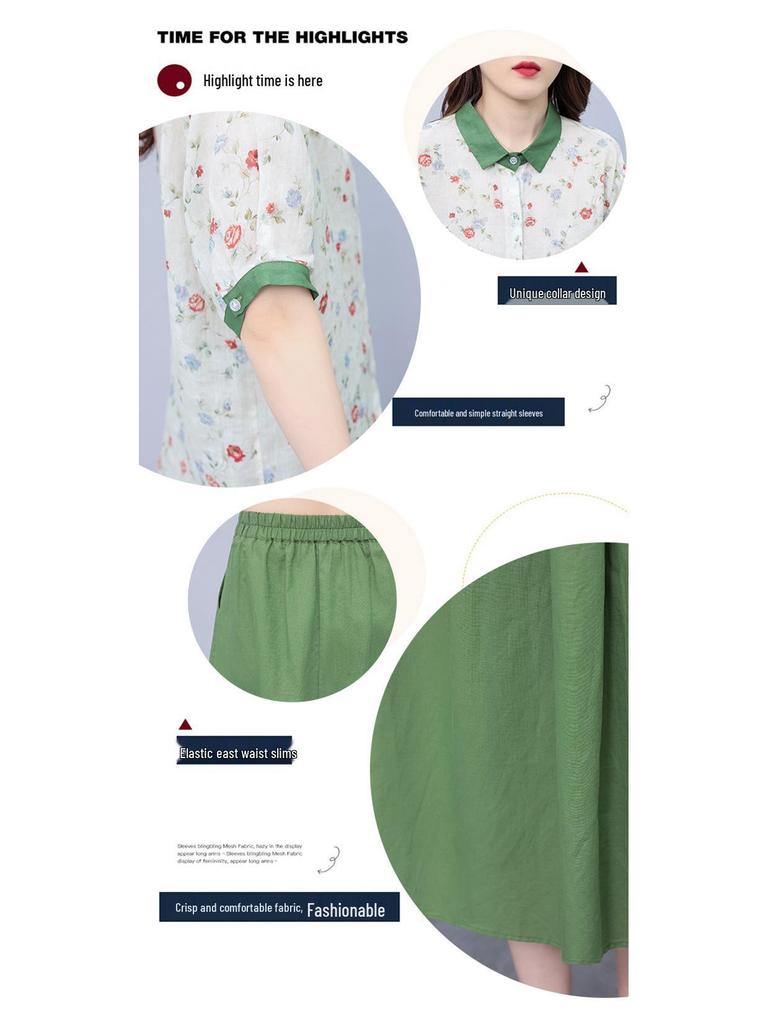 Women's Summer 2025 Floral Ramie Two-Piece Suit: Age-Reducing Top and Skirt Set
