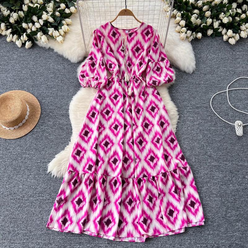 Elegancka Sukienka w Kwiaty Vintage dla Kobiet Letnie Sukienki Sznurowane w Talii Slim Y2k Bufiaste Rękawy Luźne Sukienki