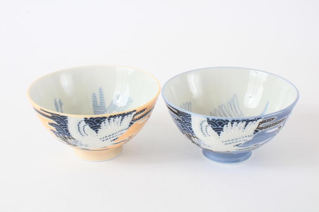 Mino Ware Pair of Rice Set of Made in Crane Blue MIG013 Bowls, 2, Medium-Sized, Japan, Design, & Orange,