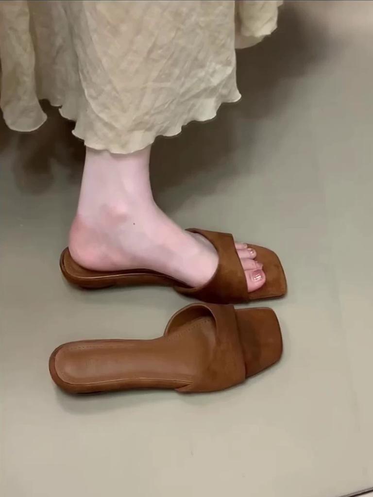 Sheepskin Version~ Simple Square Head Low-heeled Open-toed One-word Slippers for Women's Outer Wear 2025 Summer New Versatile Cool Slippers