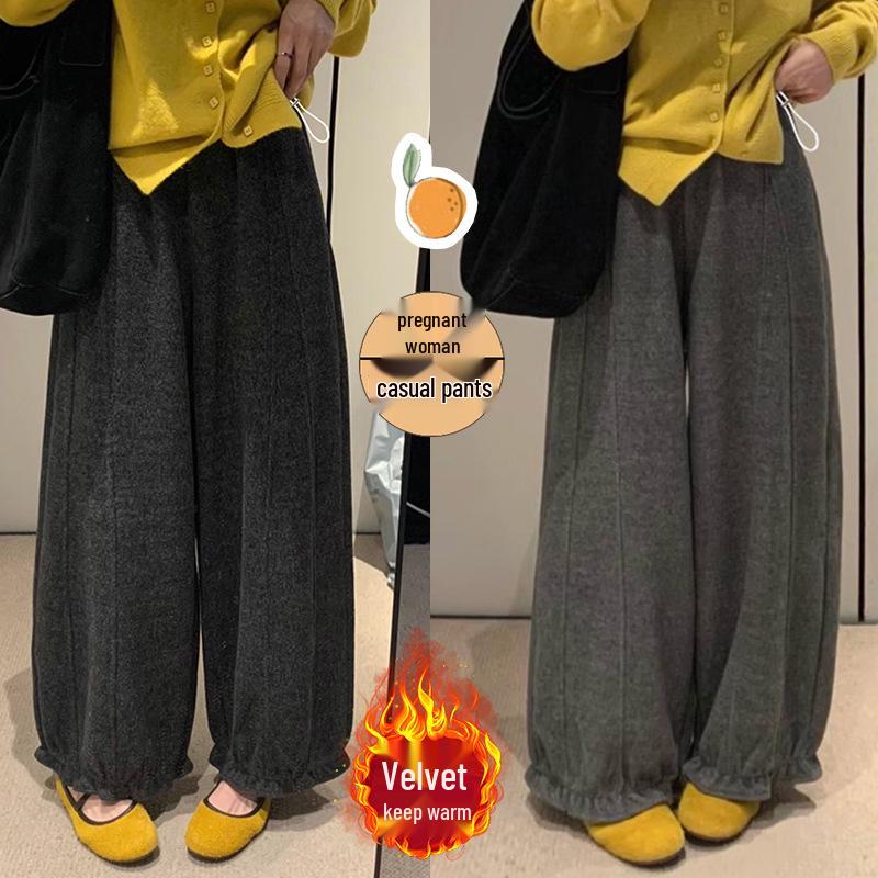 Maternity High-Waisted Woolen Wide-Leg Crop Pants - Autumn/Winter Slimming Casual Fit M
