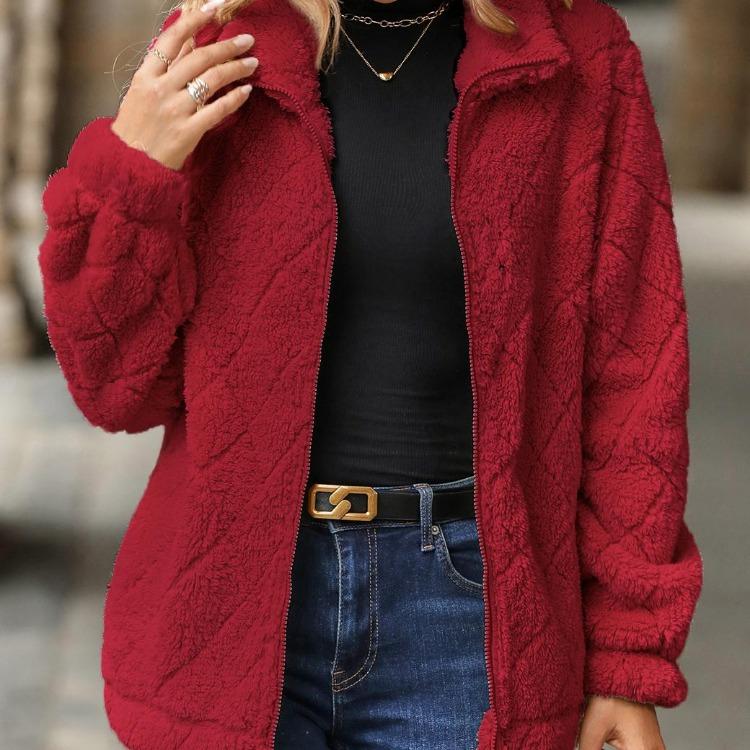 

Warm Fuzzy Sherpa Fleece Jacket Women Winter Teddy Coat Long Sleeve Zipper Up Outwear with Pockets Solid Color Faux Fur Jacket XXL червоний