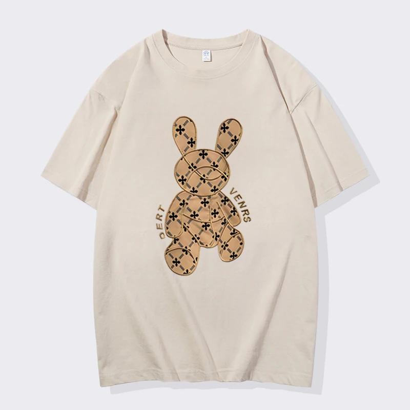 Spring Summer Men's Loose Casual Breathable T-Shirt 100% Cotton Clothing Bear Print Streetwear Women's Crew Neck Top