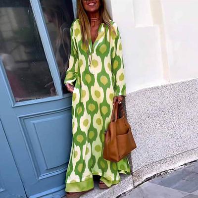 Kadın Maxi Elbise Baskı V Yaka Hem Yarık Kontrast Renk Uzun Kollu Günlük Giyim V Yaka Yaka Bayan Elbise