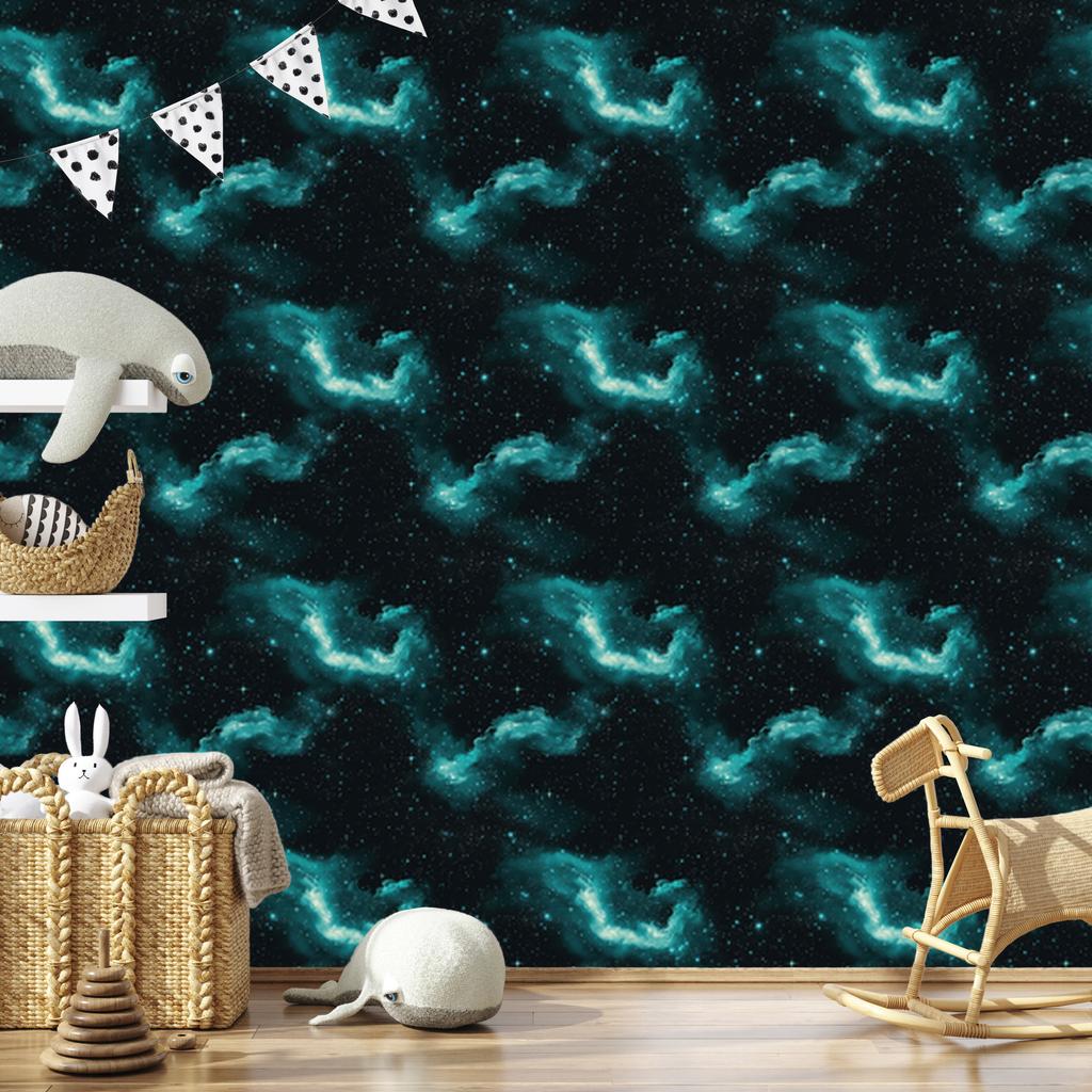 Watercolor Galaxy Wallpaper Turquoise, Black and Sea Blue 50x1000
