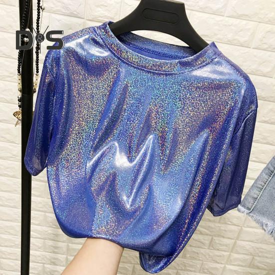 Dámské funkční triko s kulatým výstřihem, krátký rukáv, volný střih, třpytivé reflexní triko Tričko Party Dance Pullover Top