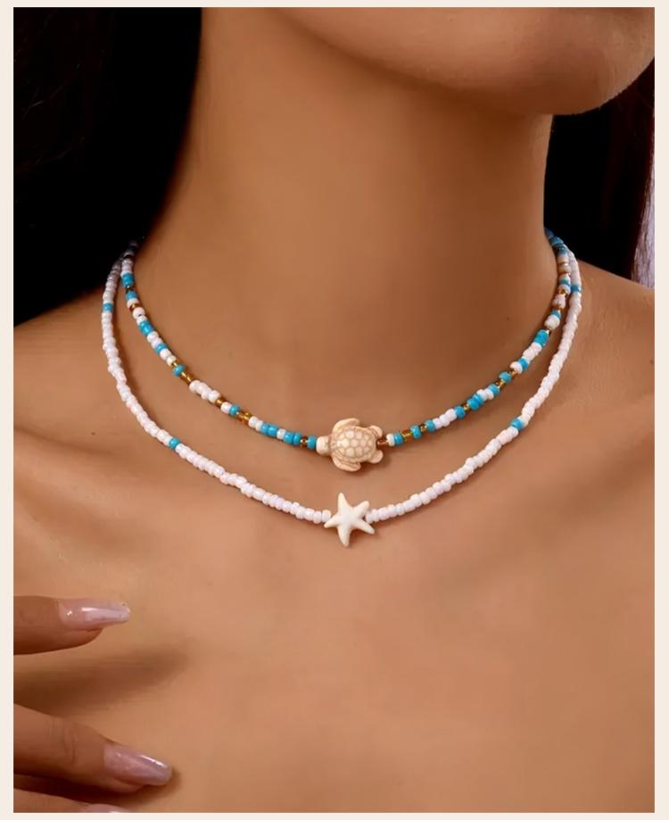 Beaded Necklace Set for Women 2 Pcs Seed Bead Choker with Sea Turtle Starfish Charms Layering Summer Boge Beach Jewelry