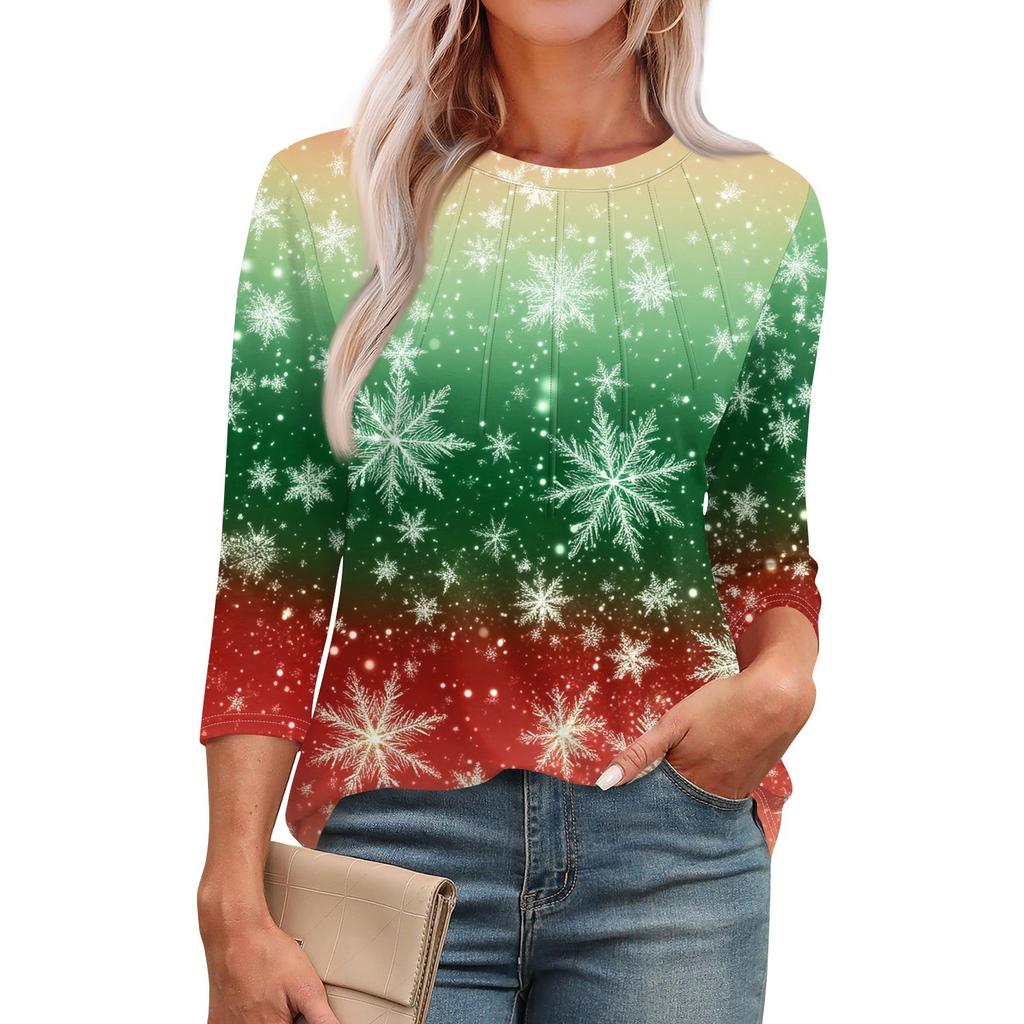 Women's Fashionable Round Neck 3/4 Sleeve Printed Casual Basic Pleated Pullover T-shirt Top