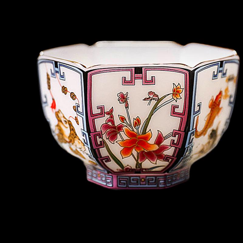 Wealth-Gathering Six-Sided Ceramic Tea Cup