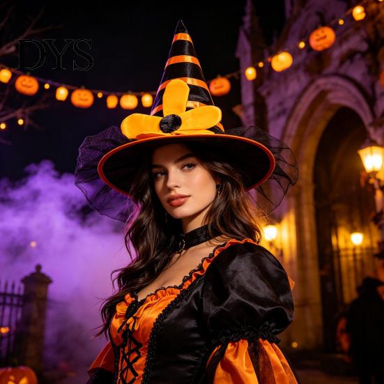 Soft Playful Witch Hat Halloween for Women Girls, Large Striped Wizard Costume with Flower Accessories, Cosplay, Party Festive Parties