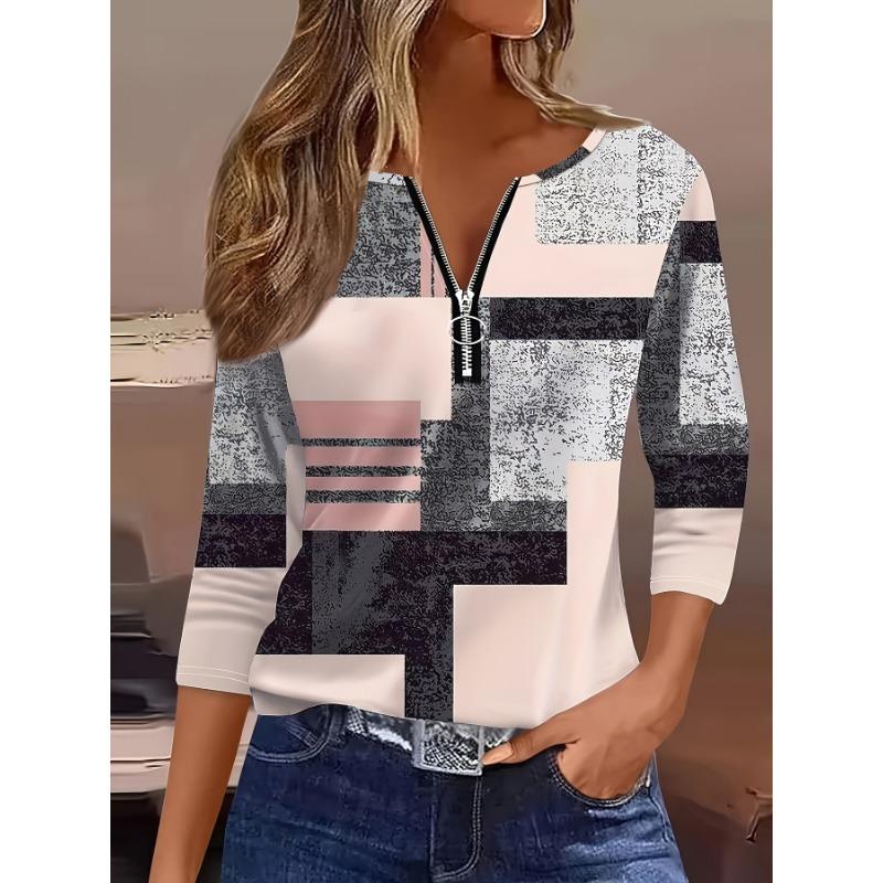

Casual Fashion Holiday Women s Regular Fit Plaid Pattern Full Body Printed Zipper V-Neck Three-quarter Sleeve T-Shirt Top [Wilderness Orientation] L